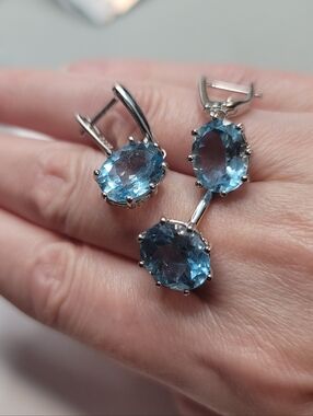 Blue Topaz Sterling Silver Set Ring Size 8 Earrings CZ Accent Oval Size 8